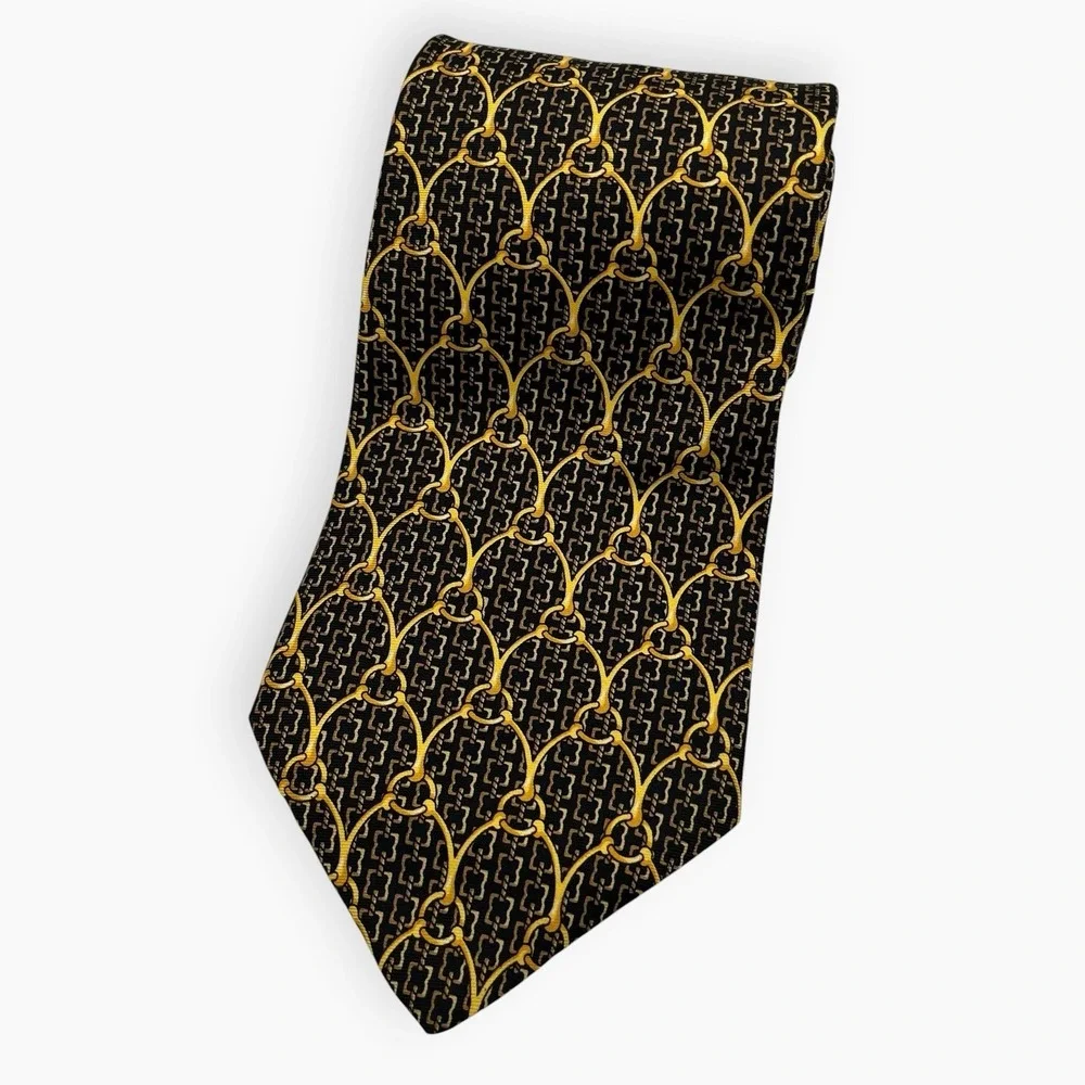 Morgano Uomo Neck Tie Black Gold Yellow Silk Made In Italy Chains Equestrian 60